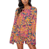 Colorful psychedelic print women's 2-piece pajama set with long-sleeved button-up top and matching shorts, featuring swirling patterns in vibrant orange, pink, purple, and teal